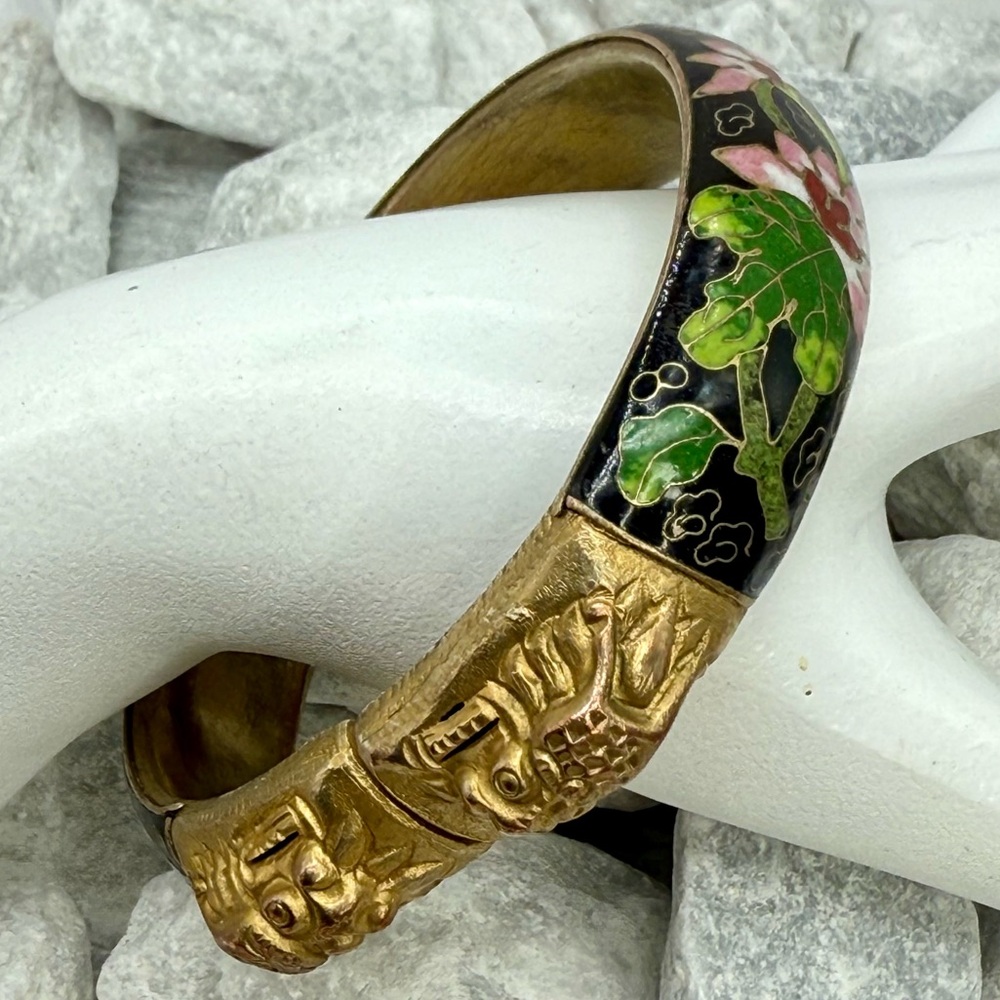 Vintage Cloisonné Twin Dragon Bangle Bracelet Black Enamel Floral 2.5” - Picture 9 of 17